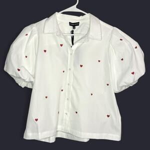 NWT Statement Blouse-Puff Sleeve & Embroidered Heart Pattern